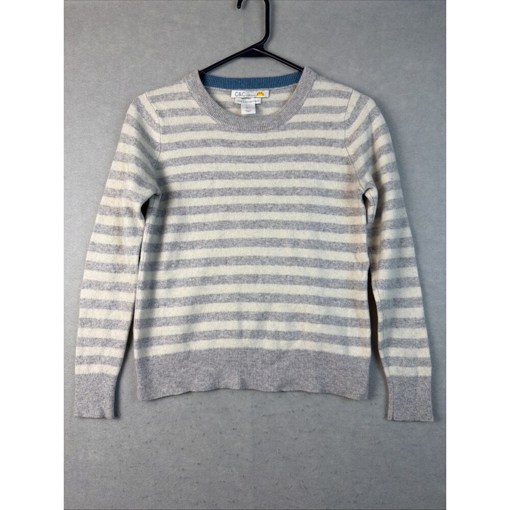 C&C CALIFORNIA 2-Ply Cashmere Sweater‎ Womens L Gray Cream Stripe Layer Elevated